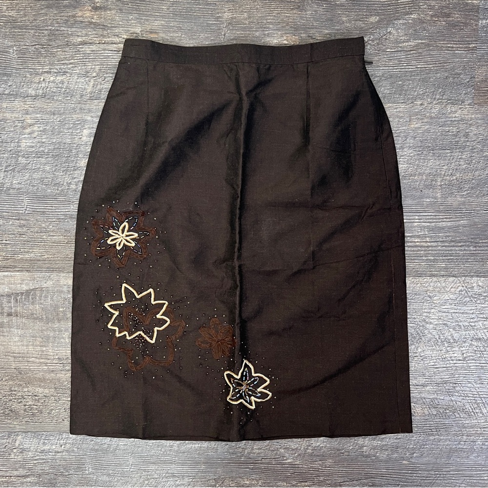Alfani silk linen blend brown skirt with beading size 4 B47